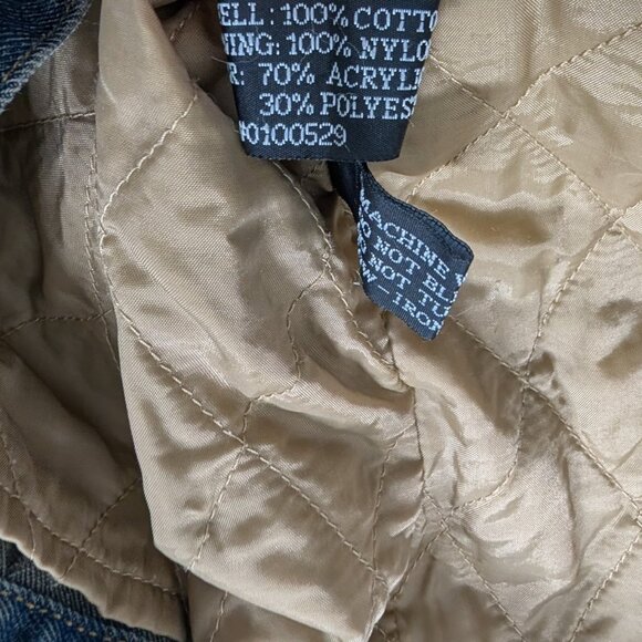 VTG Blue Denim Tan Faux Fur Trim Bleached Denim Trucker Jacket Y2k - Picture 7 of 7